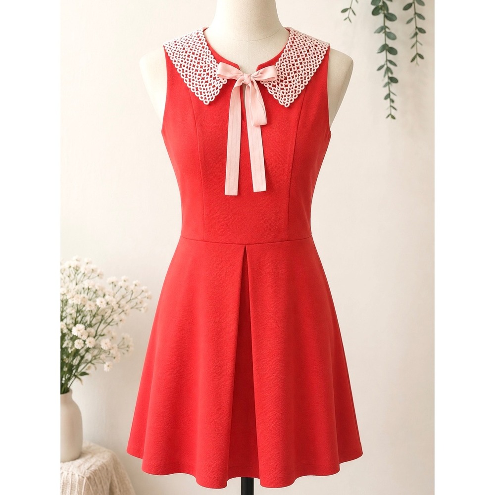 Love Culture Red Fit and Flare Dress Lace Peter Pan Collar Pink Bow IAD1023 M